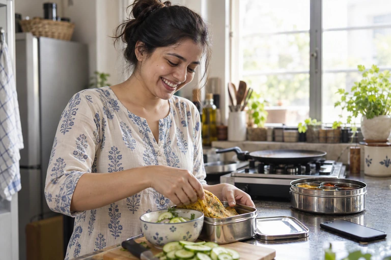 A young woman laughs as she packs a tiffin with besan chilla and salad