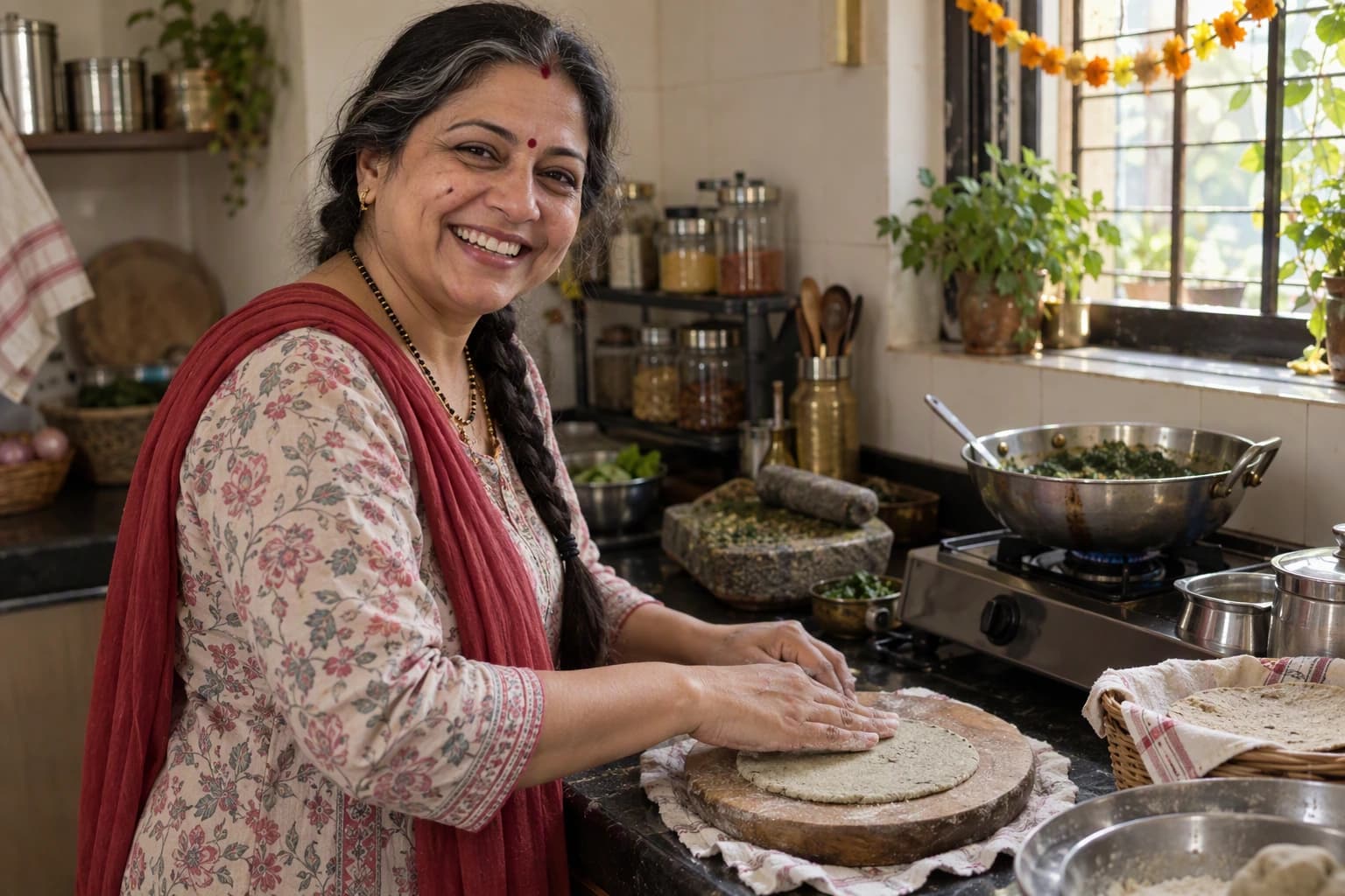 A woman laughs as she pats out a millet roti in her kitchen