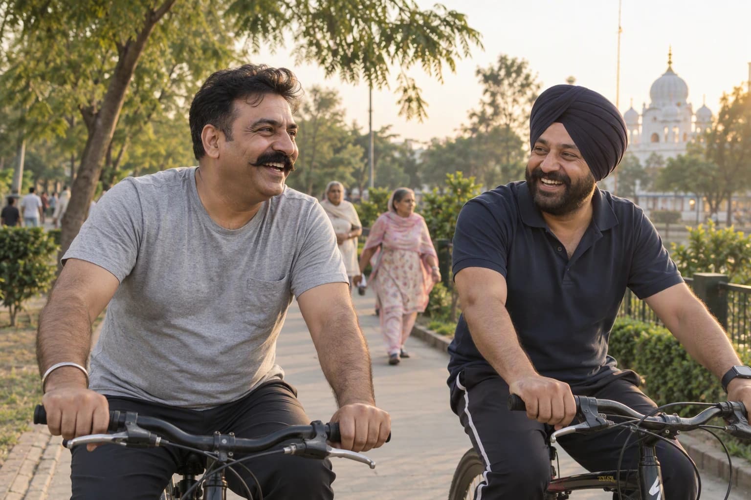 Two men laugh as they cycle together in a park