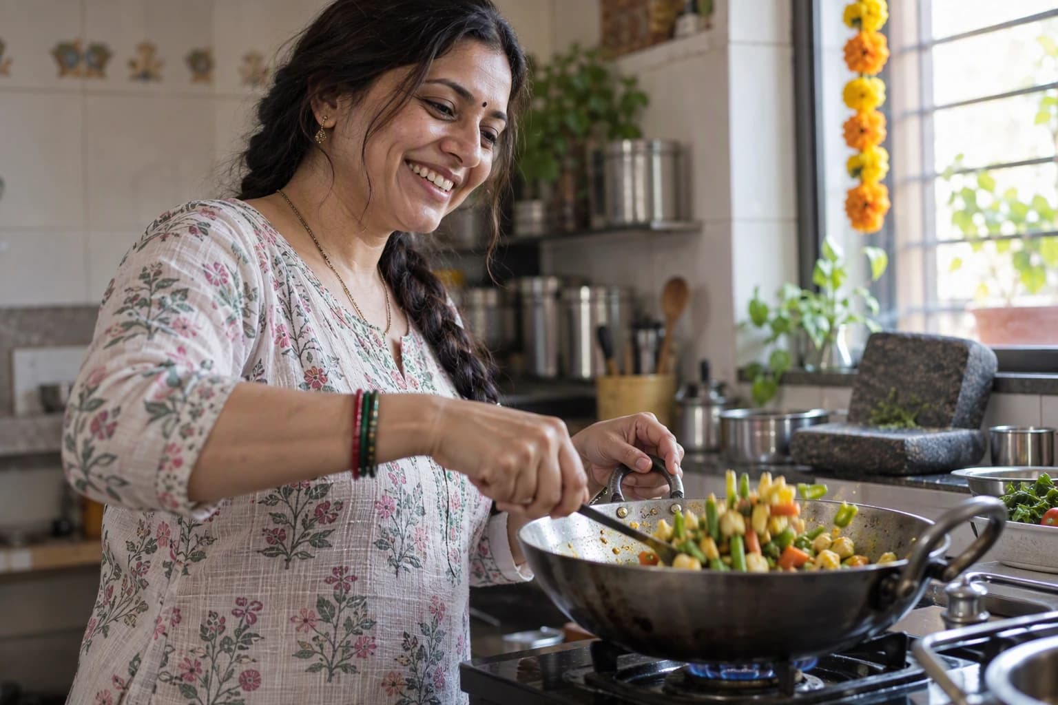 A woman smiles as she cooks mixed vegetables at her stove