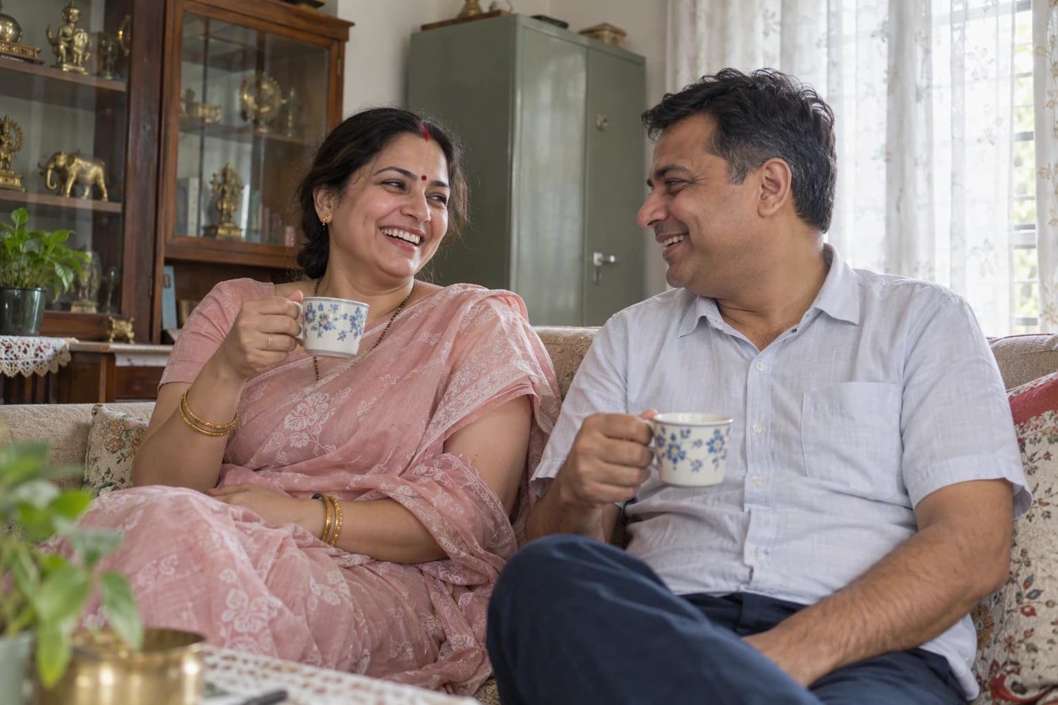 A woman laughs with her husband over tea in their living room