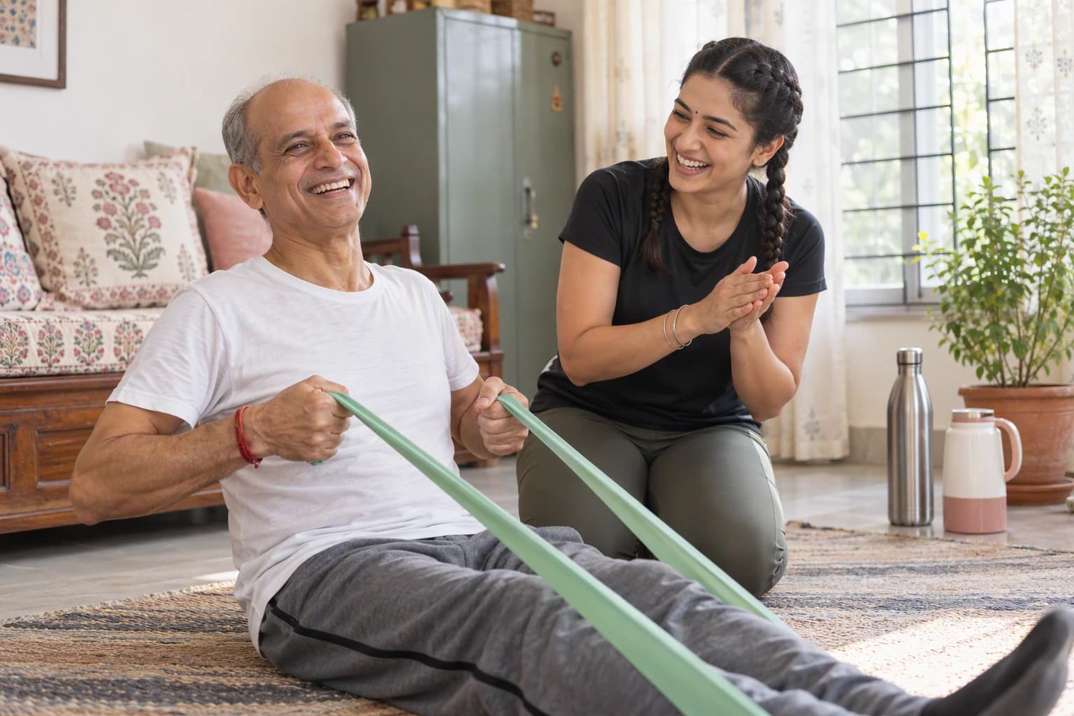 A wiry man in his late fifties laughing mid-row with a resistance band in his living room while his young coach in French braids cheers him on