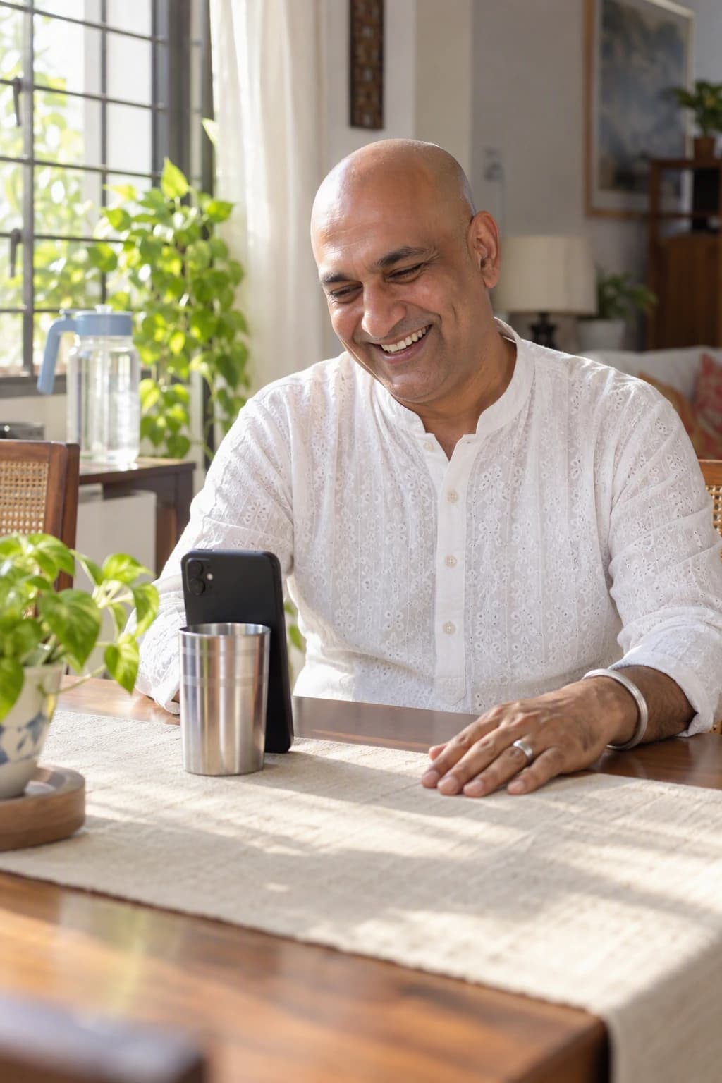 A bald man in his late forties in a white chikankari kurta laughing on a video call with his doctor, a phone propped on a steel tumbler