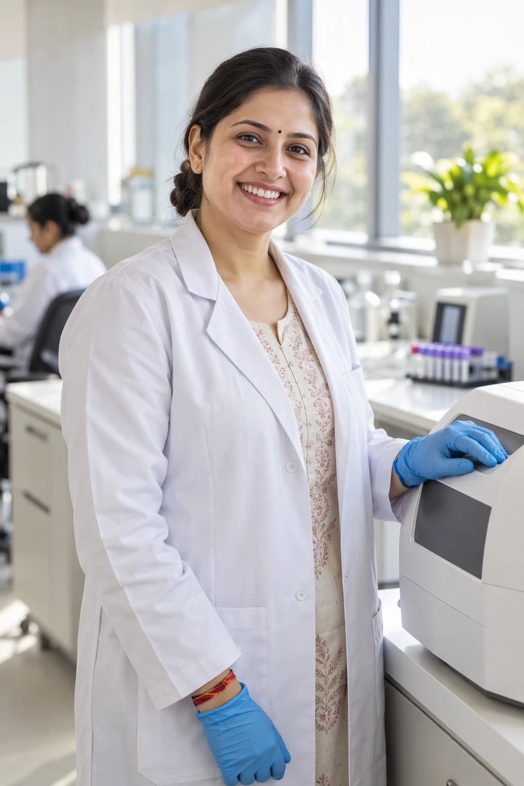 A young lab technician smiling proudly, one gloved hand on an analyser in a bright, modern laboratory