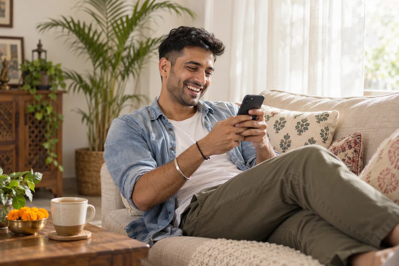 A slim man in his early thirties with an undercut and light stubble laughing at his phone on a cream sofa in a bright living room