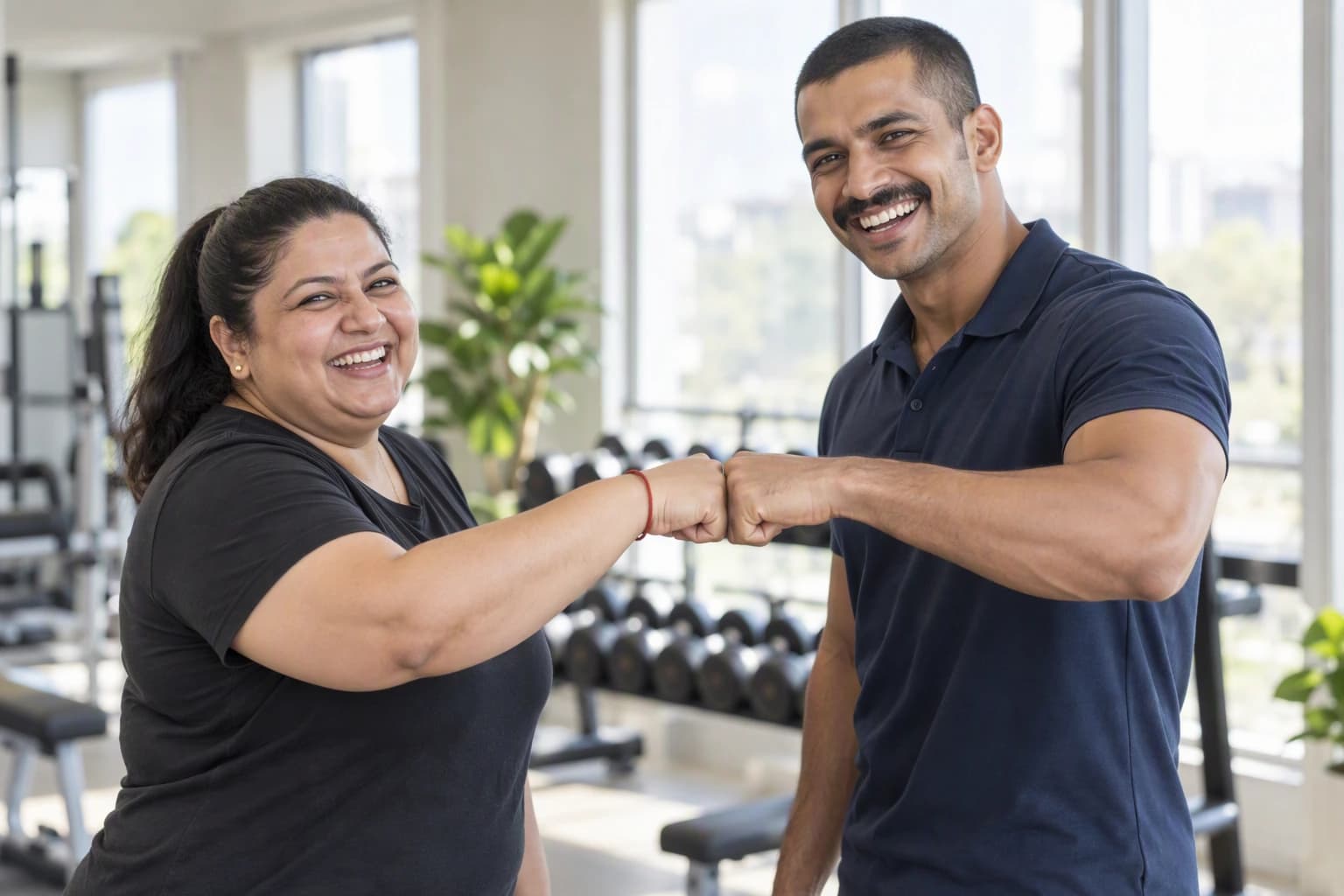 A woman in her forties with a high ponytail bumping fists with her young male trainer and laughing in a bright gym