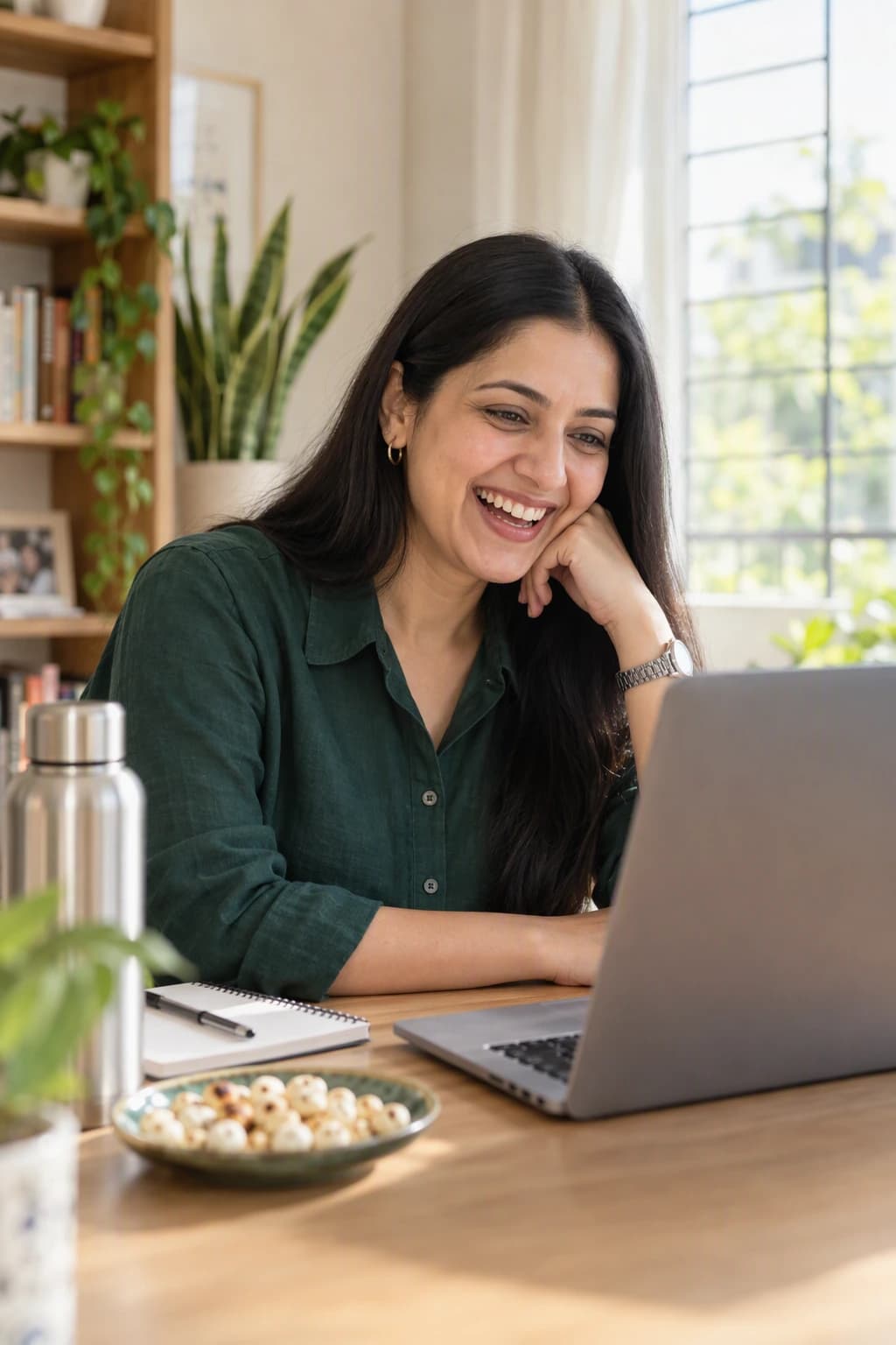 A woman in her mid-thirties with long open hair laughing on a laptop video call with her coach at a bright desk by the window