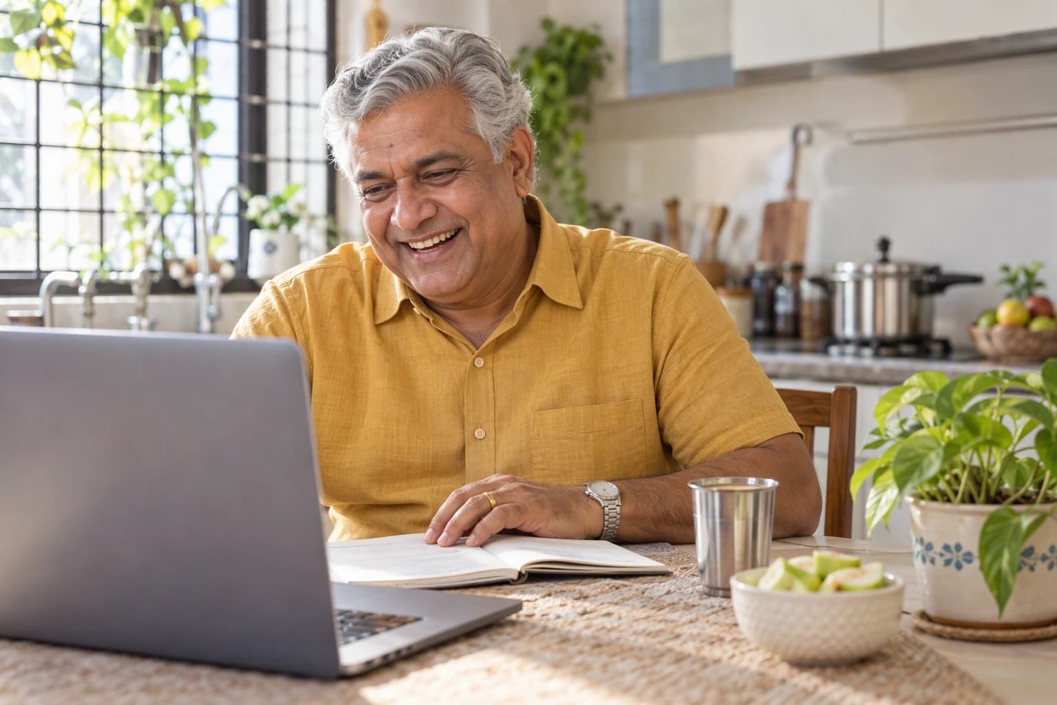 A silver-haired man in his mid-fifties in a mustard shirt laughing on a laptop video call with his doctor at a bright kitchen table
