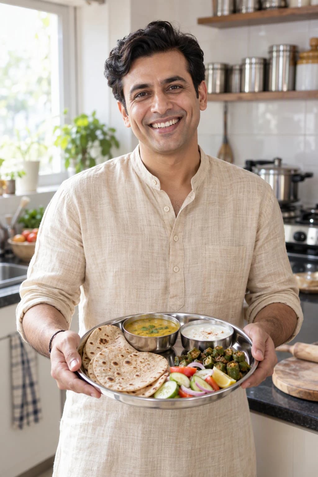 A slim man in his mid-thirties in a tan linen kurta grinning in a bright kitchen as he holds out a steel thali of dal, roti, sabzi and salad