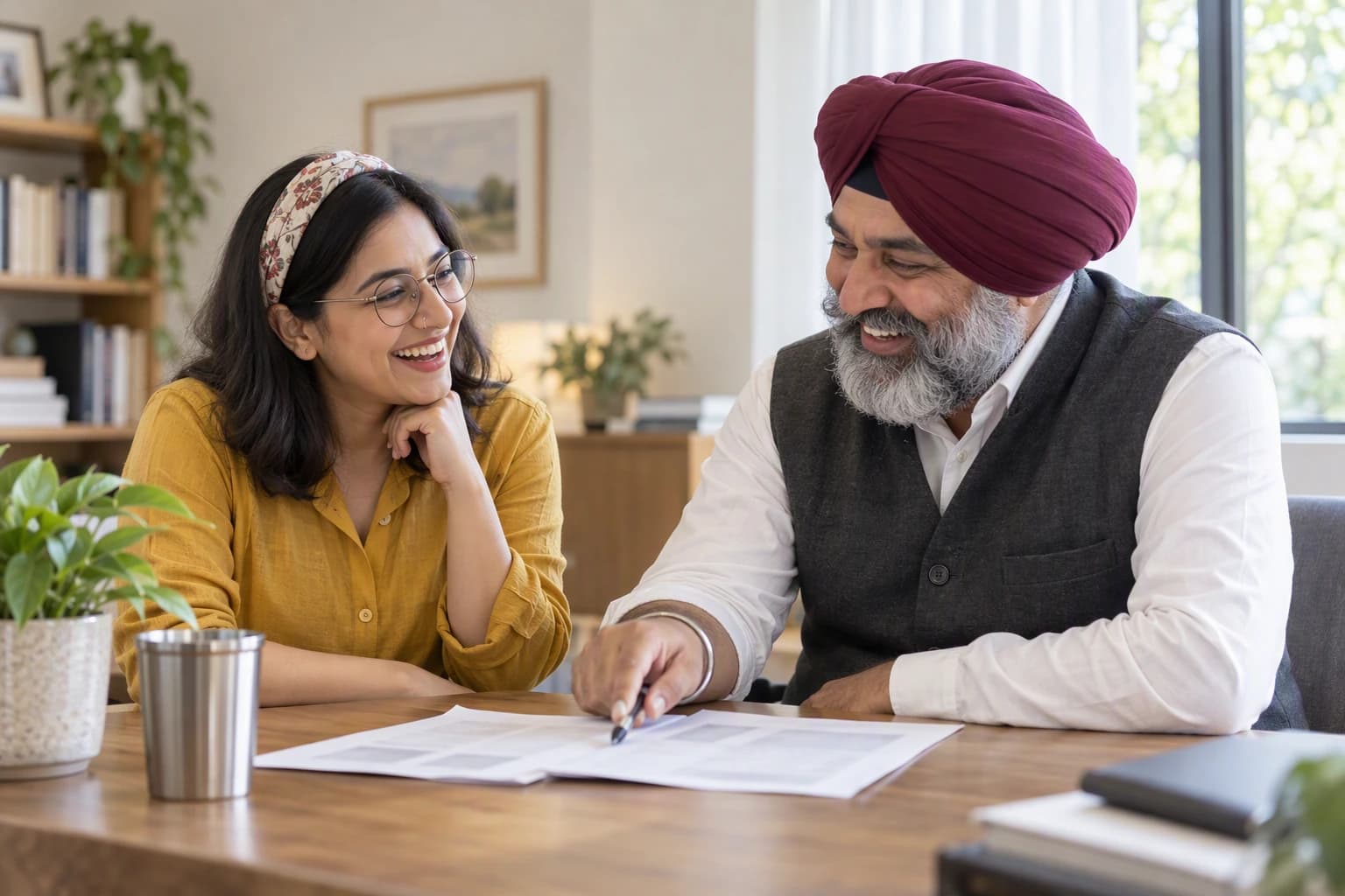 A Sikh doctor in a maroon turban sharing a laugh with a young woman as he points to a printed report between them
