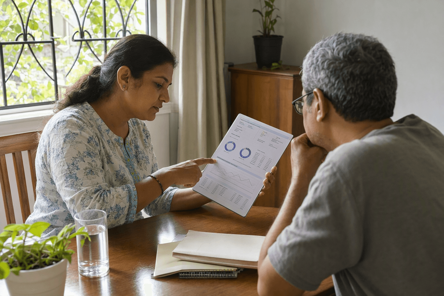 Two hands holding a flat screen showing a metabolic report, on a table by a window