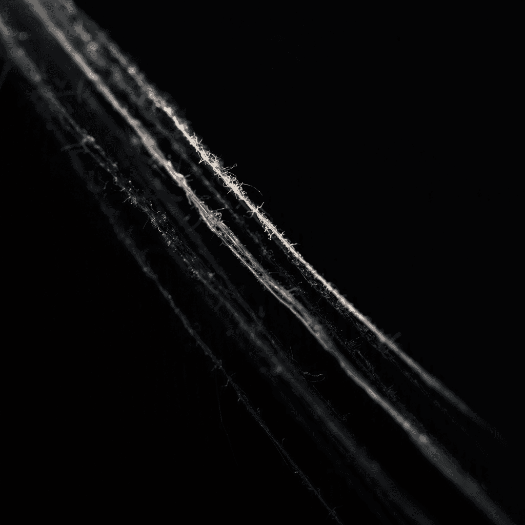 Aligned fibres under tension, lit from one side so the strands separate