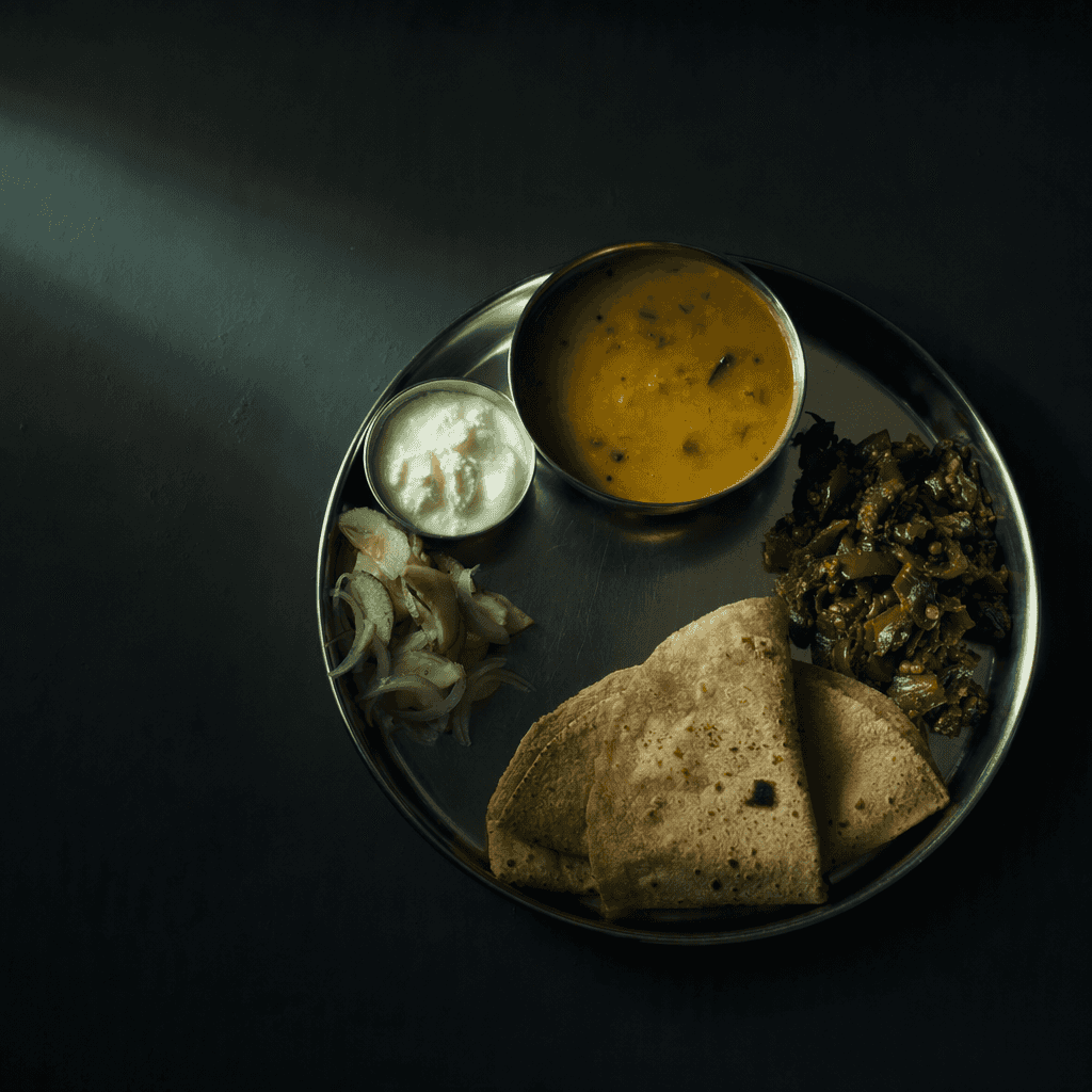 One plate of everyday Indian food photographed from directly above on a dark ground