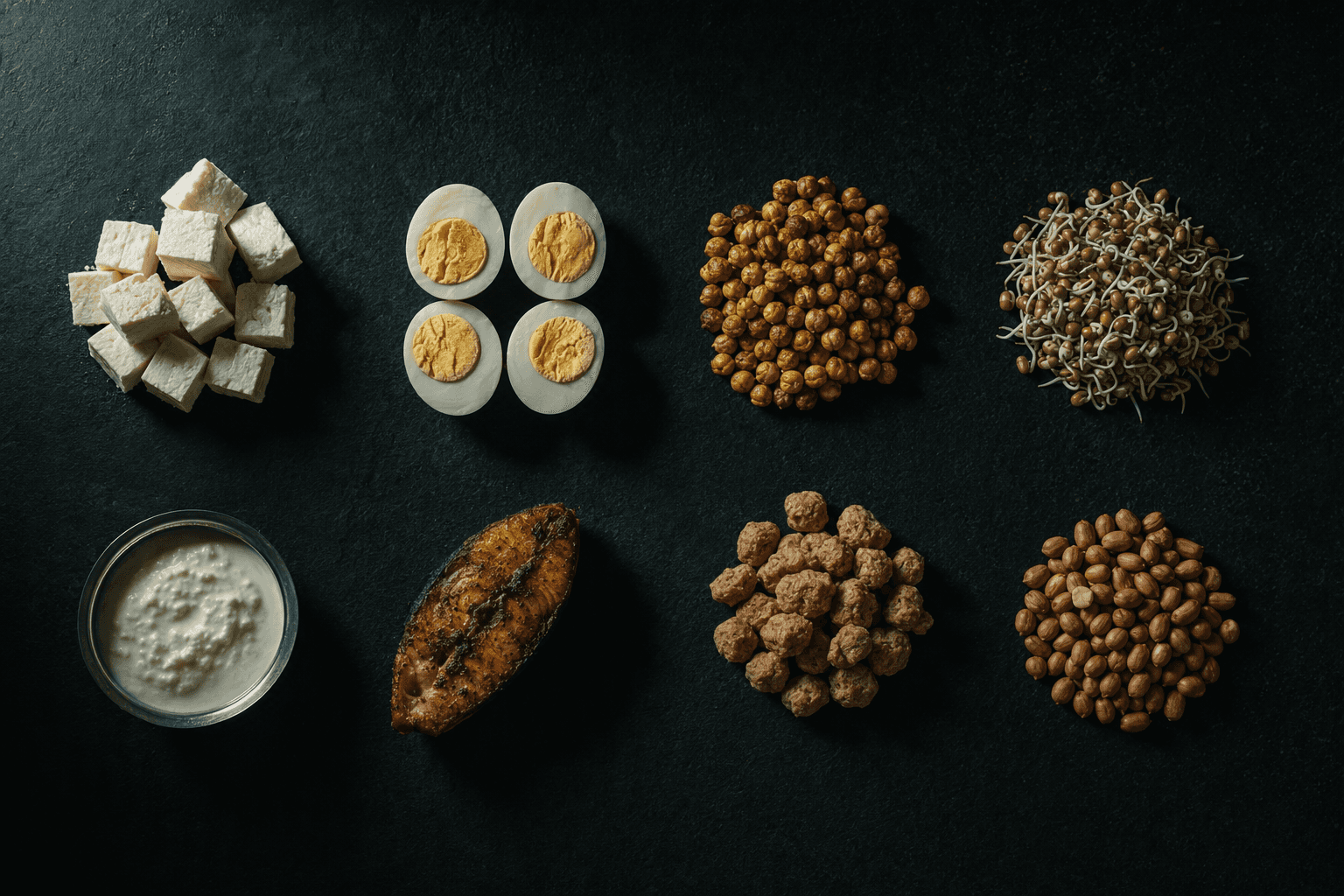 Everyday Indian protein foods arranged as a precise grid on a dark surface