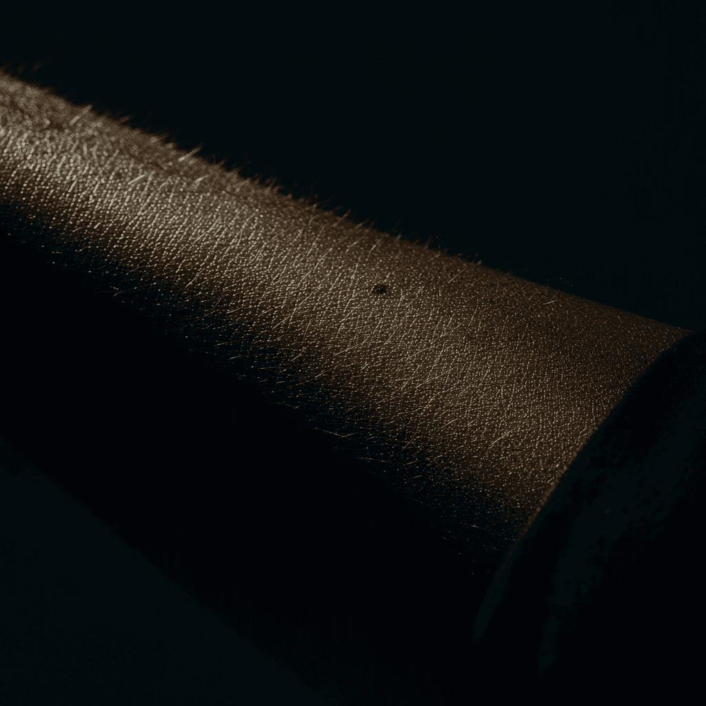 An extreme close view of brown skin in raking light, showing real texture